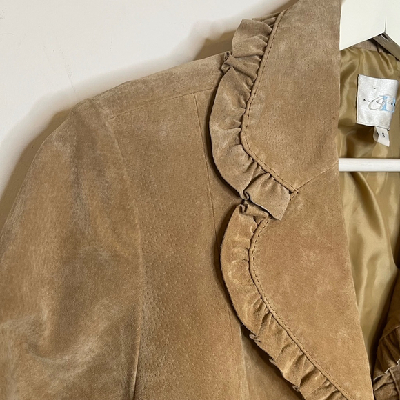 Vintage Suede Leather Blazer Jacket Tan Brown Boho Ruffle Trim Alice Blue S - Picture 7 of 17